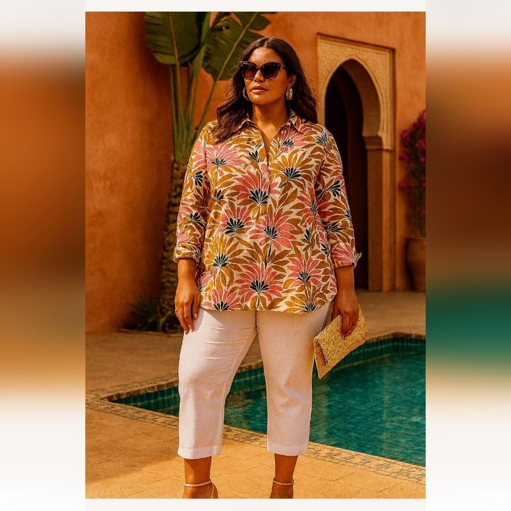 CAFFE MARRAKESH  Designer Long Sleeves Tunic Mustard And Rose. 3x